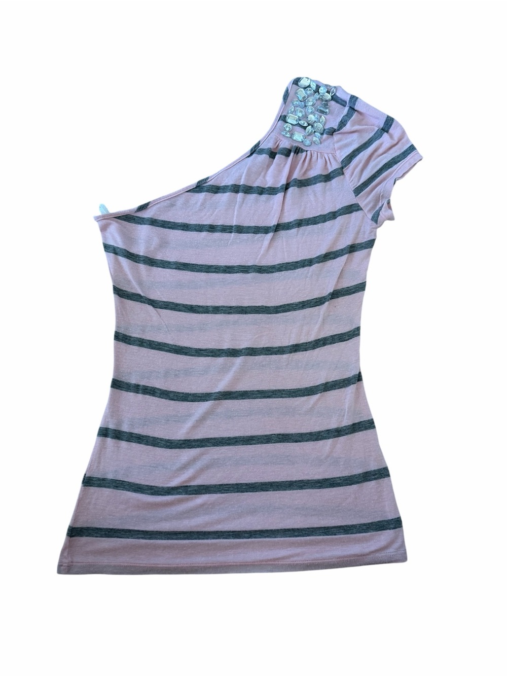 Body Central Pink and Gray Striped One-Shoulder Top